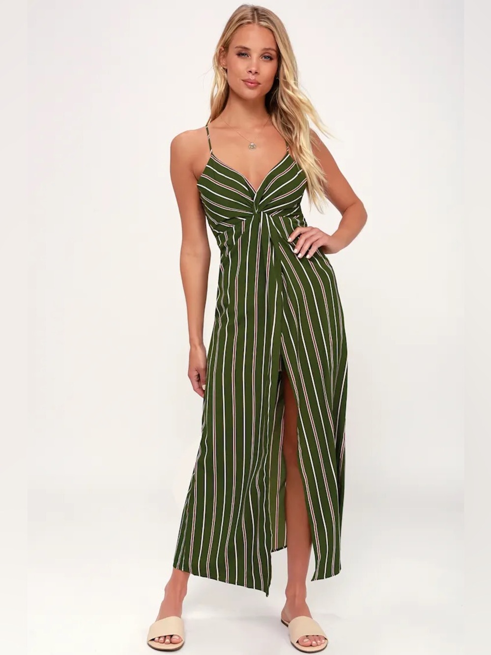 Lulu's J.O.A. Scotty Olive Green Striped Maxi Dress XS Twist Front Slit